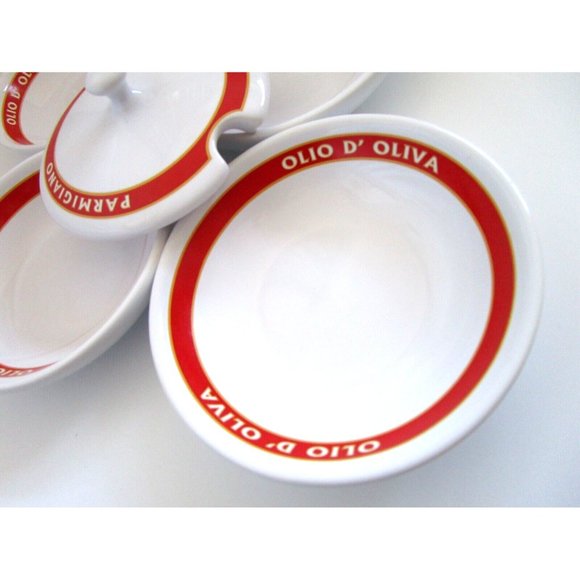 Pottery Barn Parmigiano Olio D'Oliva Bowl Set "Vintage Posters" Dip 4 Bowl/1 Lid - Picture 6 of 15
